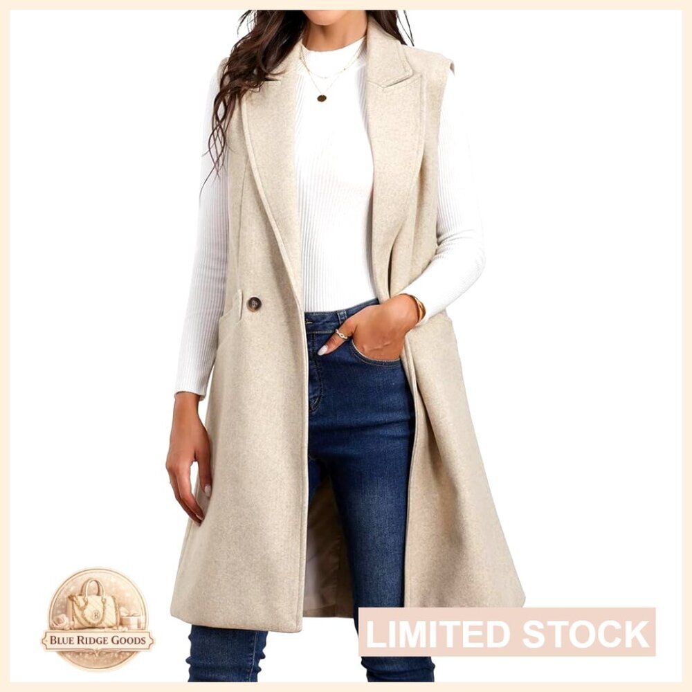 Wool Blend Long Vest Sleeveless Blazer Classic Pea Coat Style Knee Length